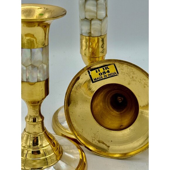 Brass and Mother of Pearl Candle Sticks Set of 3 - Picture 7 of 7